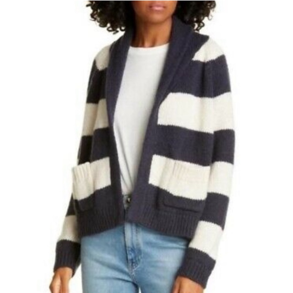 THE GREAT // lodge cardigan // navy white stripe // size 0/xs